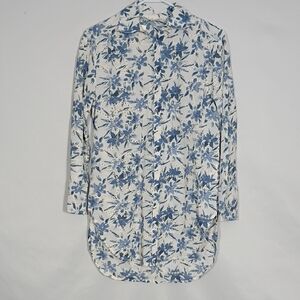 NWT Adiva Blue and White Floral Long Sleeve Button Up Blouse Women's Size Small